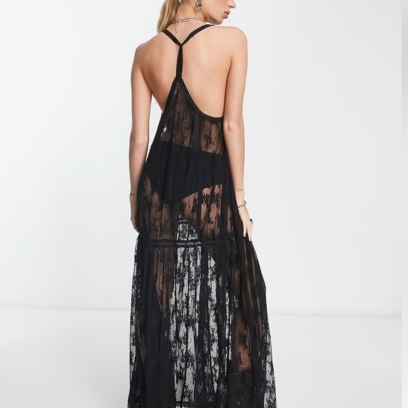Free People In The Breeze Maxi Slip Floral Lace Button Front Tiered Black Sm NWT - Picture 8 of 14